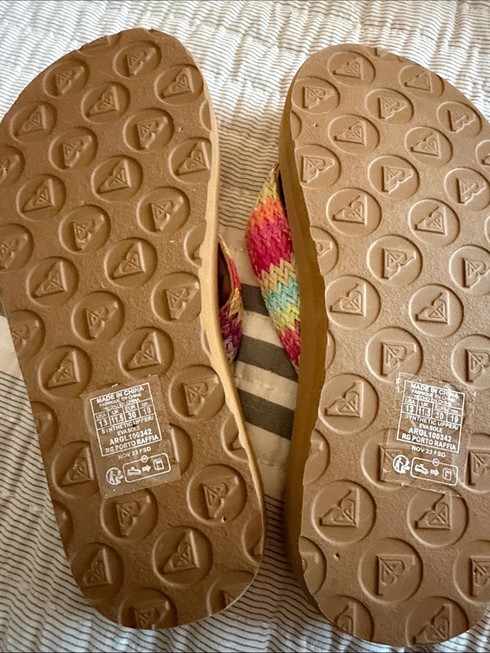 Roxy Kids Multicolor Knit-Striped Flip Flops with Brown Footbed